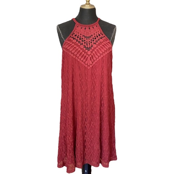 Free People Style Red Lace Halter Mini Dress Crochet Boho A Line Large - Picture 14 of 14